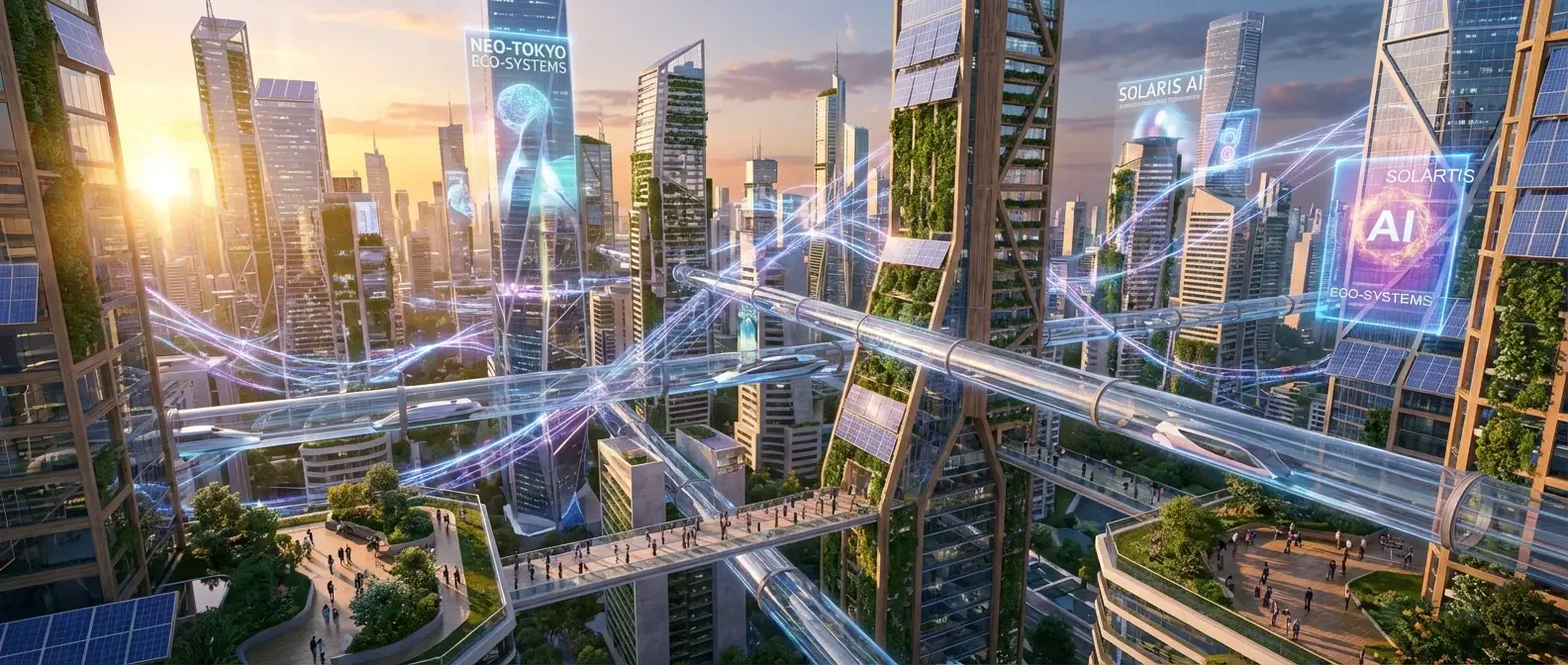 Futuristic metropolis in 2126 with AI-controlled skyscrapers and holographic neural networks