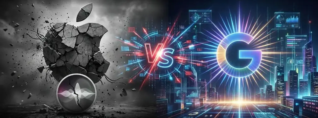 Apple and Google logos merging as Gemini AI integrates with Siri technology