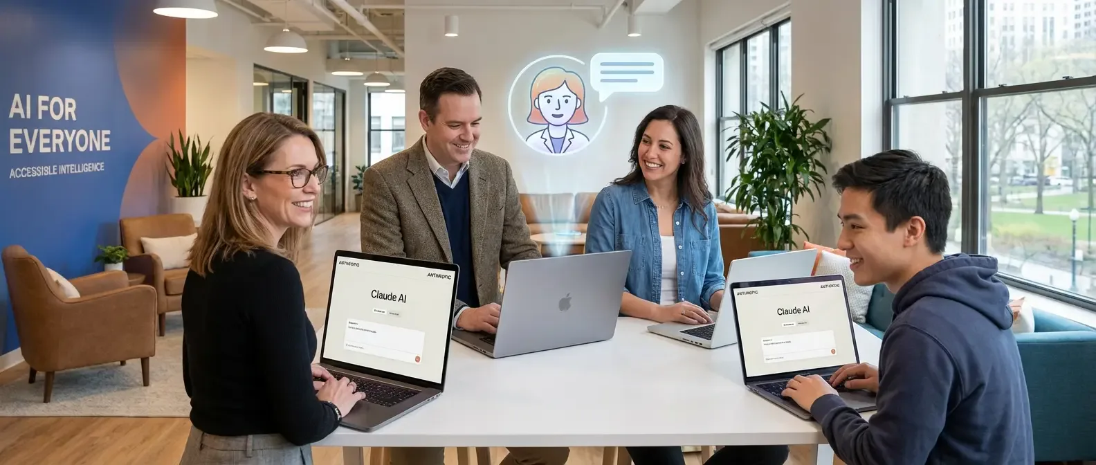 Hero image: Diverse professionals (accountant, journalist, teacher) using Claude AI — democratizing technology