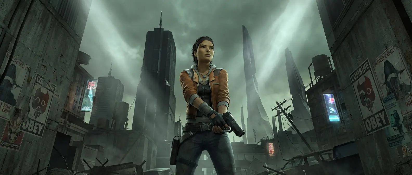 Half-Life: Alyx gameplay showing player using gravity gloves in City 17