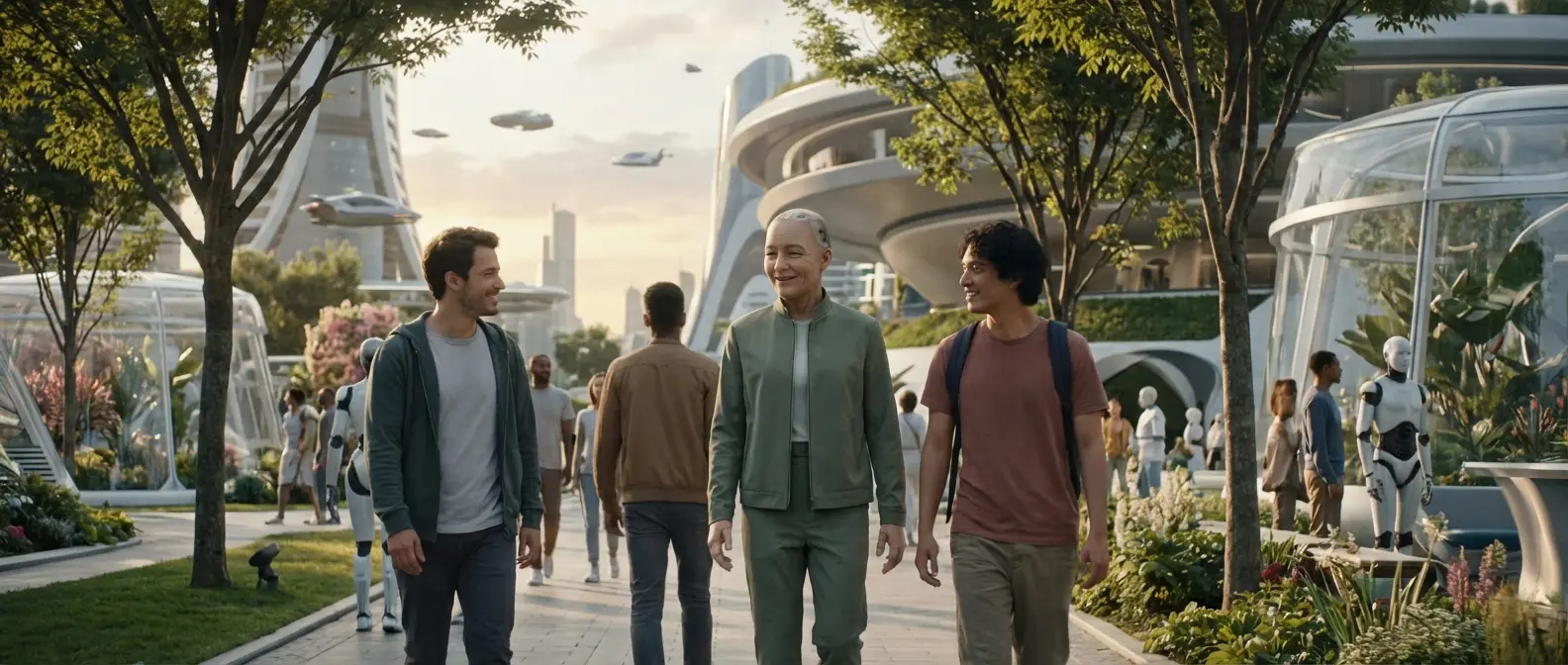 Advanced humanoid robots walking alongside humans in urban environment by 2126