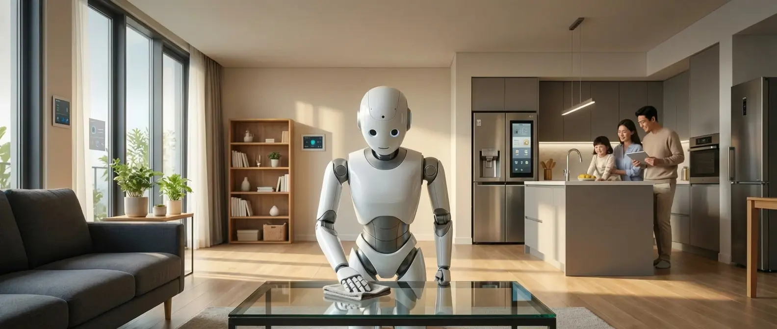 LG AI Agent home robot demonstrating cleaning and clothes folding capabilities in modern smart home