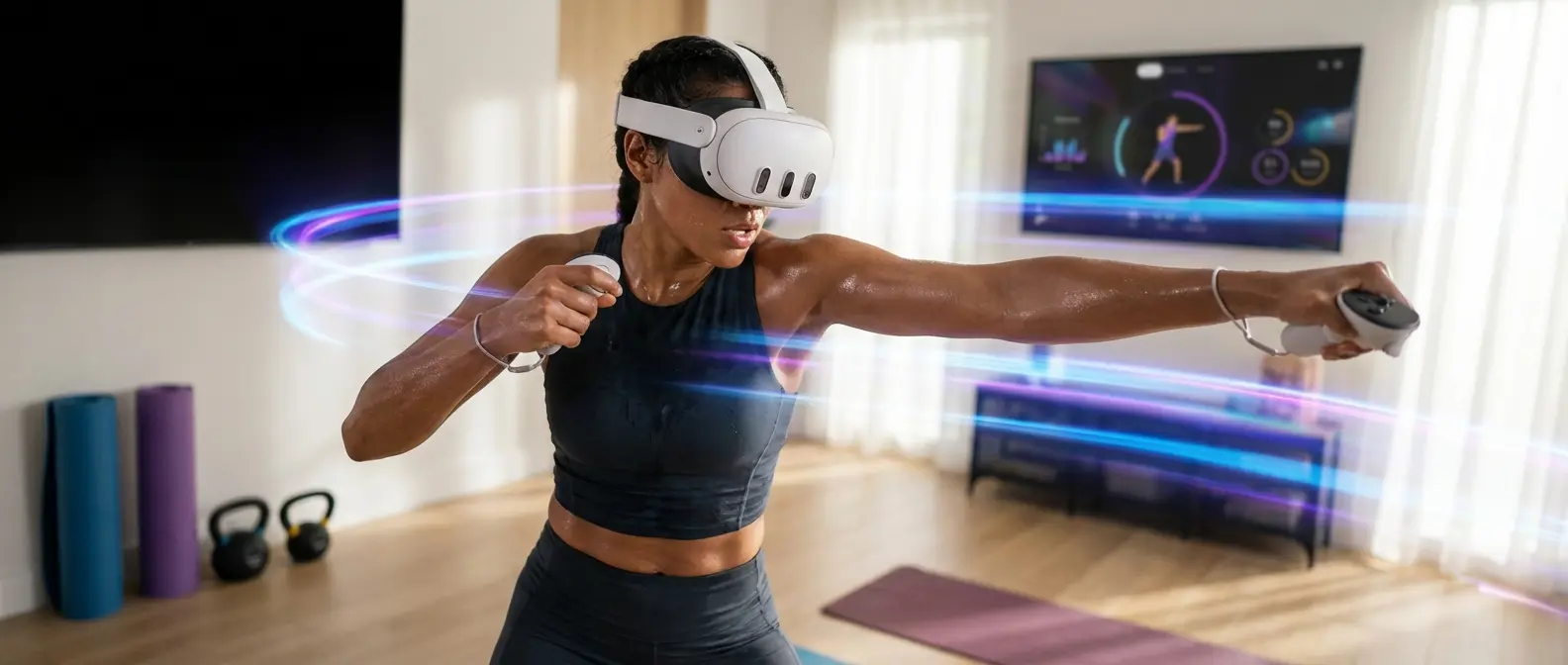 Person wearing VR headset doing fitness workout at home with motion controllers
