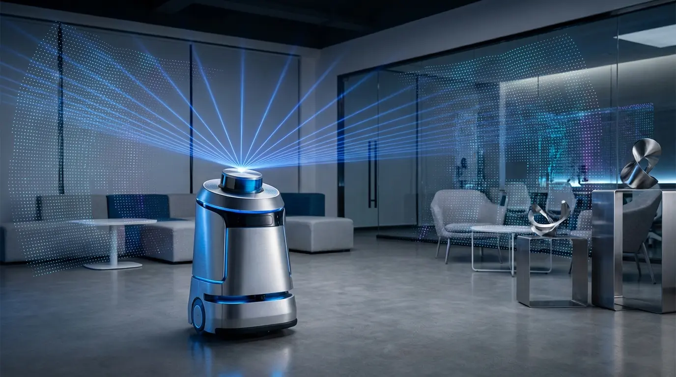 LiDAR sensor mounted on robot emitting blue laser beams creating detailed point cloud mapping