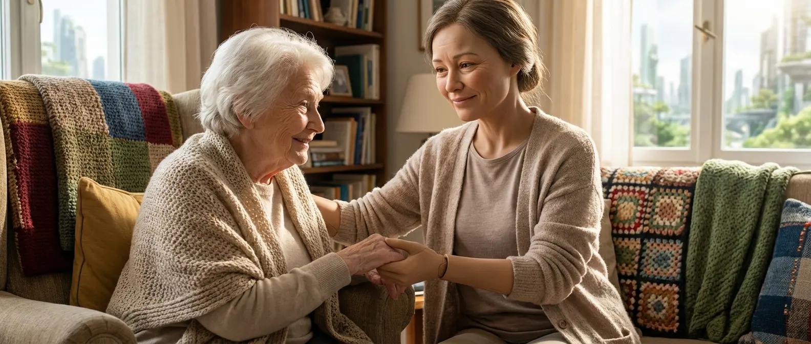 Compassionate humanoid robot providing elderly care assistance in modern home setting