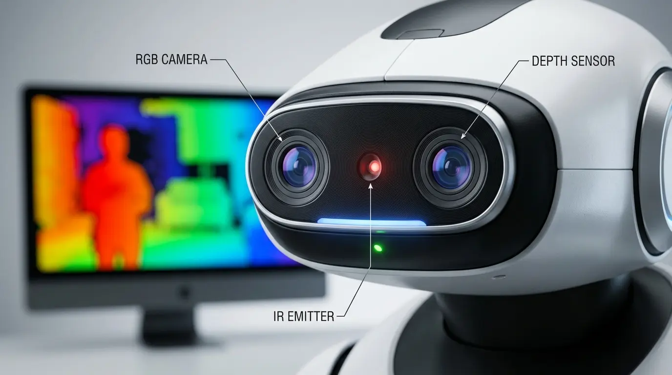 RGB-D depth camera showing color and depth visualization for robot perception