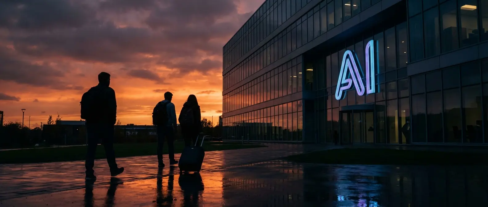 Silhouettes of departing executives leaving OpenAI headquarters building
