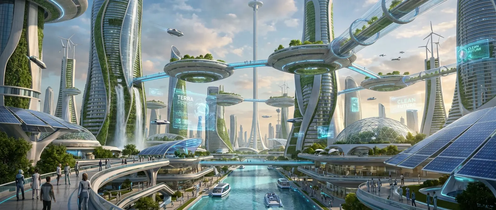 Futuristic cityscape of 2090 featuring towering skyscrapers with vertical gardens, flying vehicles in organized air traffic patterns, and sustainable architecture