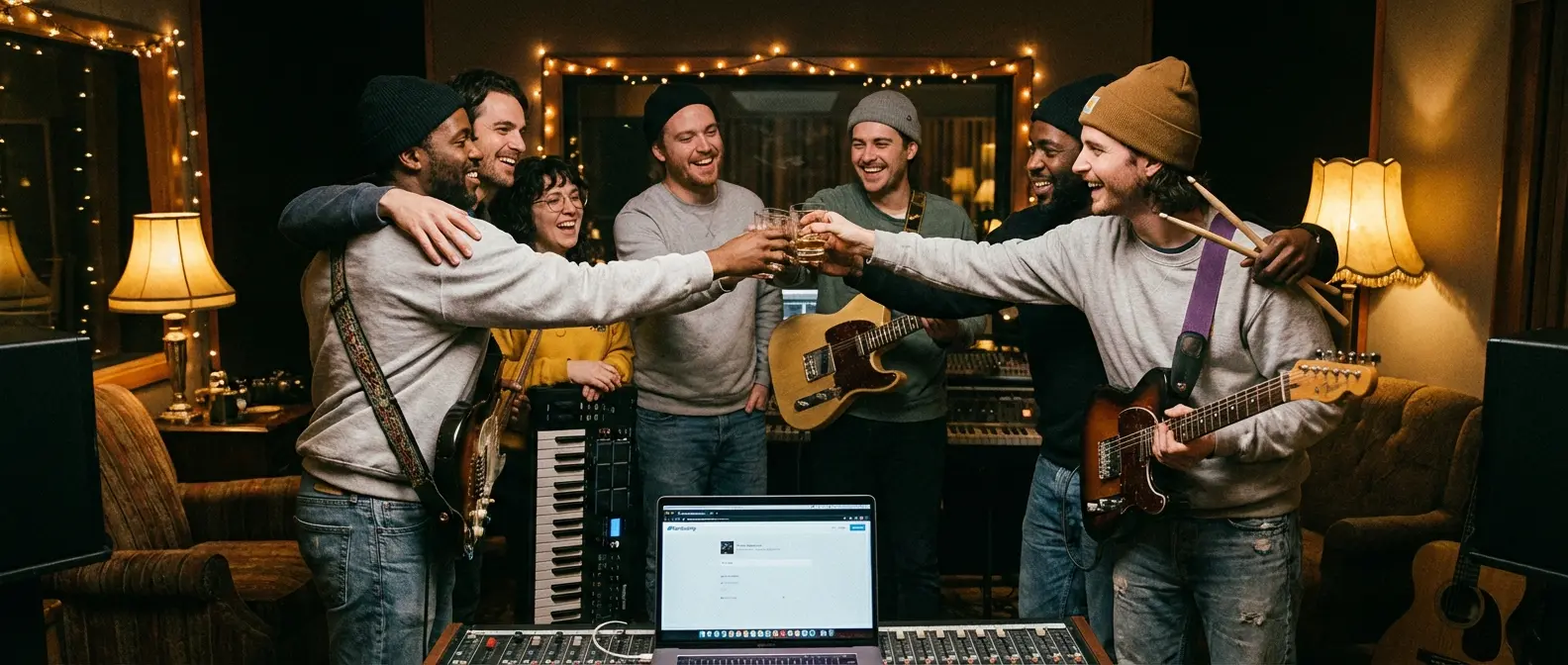 Independent artists holding signs celebrating Bandcamp's human-first music policy