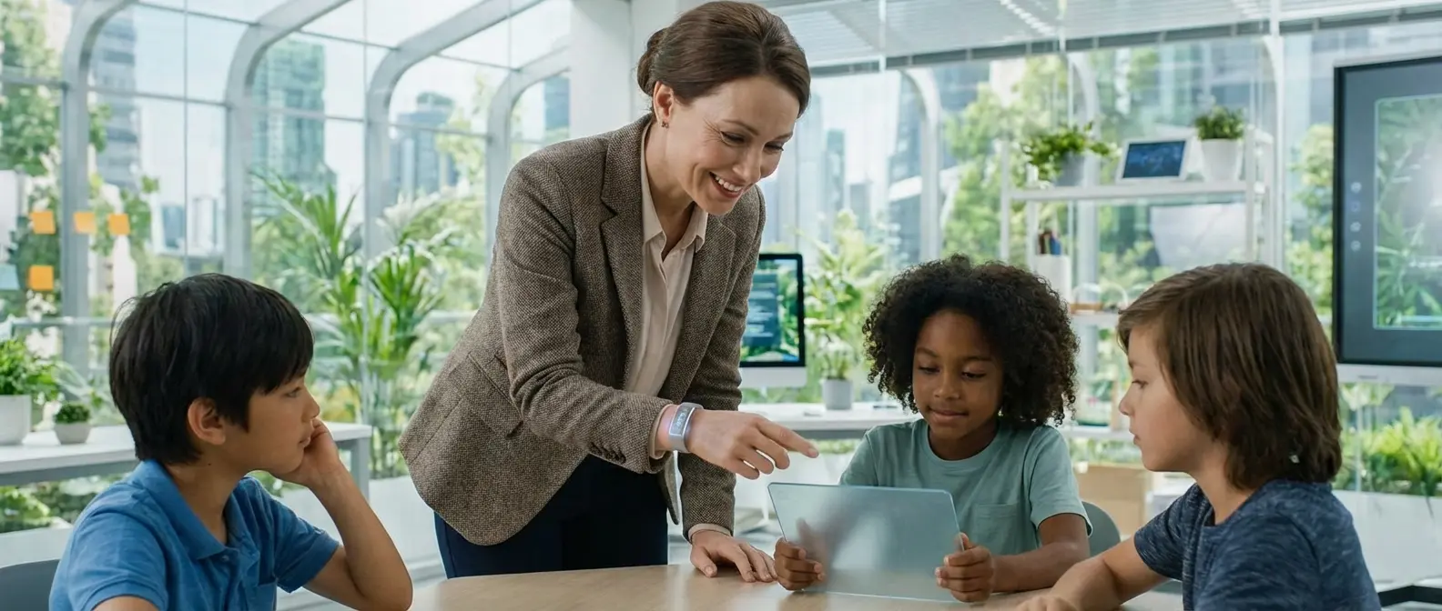 AI robot teacher engaging with students in technologically advanced classroom of the future
