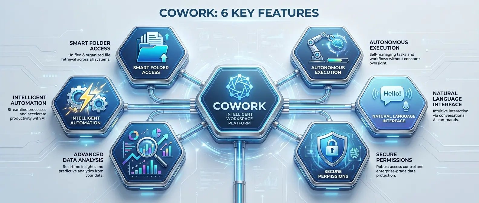 Infographic showing the 6 key features in a hexagonal layout