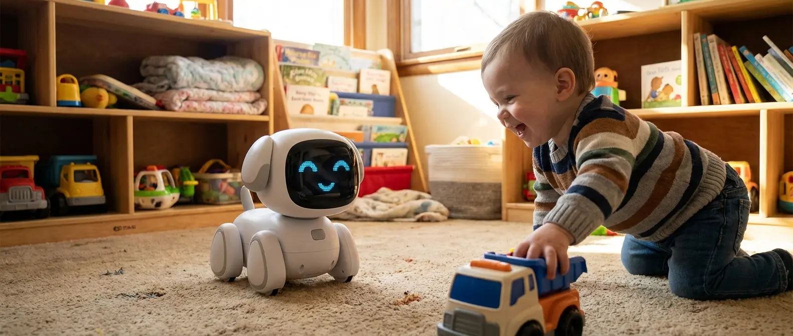 Sony Aibo and EMO Pet playing with a child