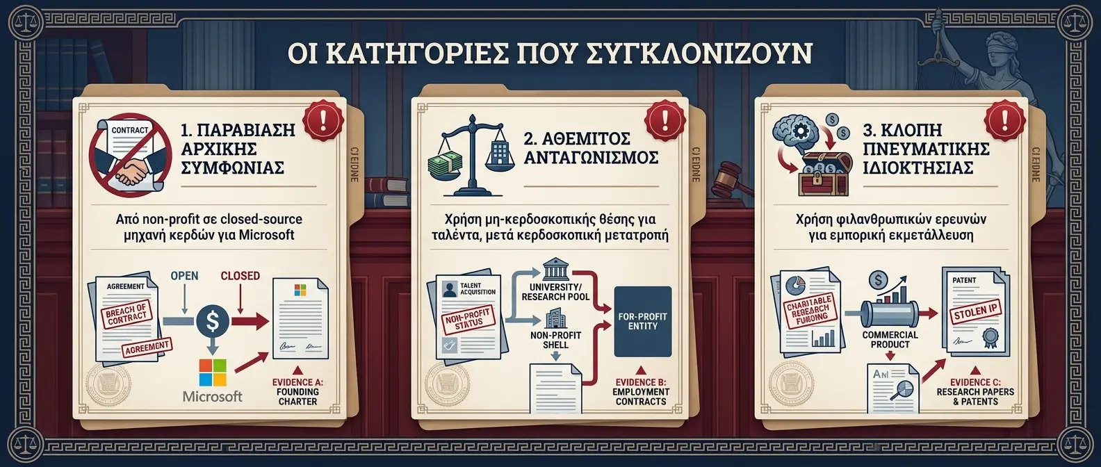 Visual breakdown of Musk's three major legal accusations against OpenAI