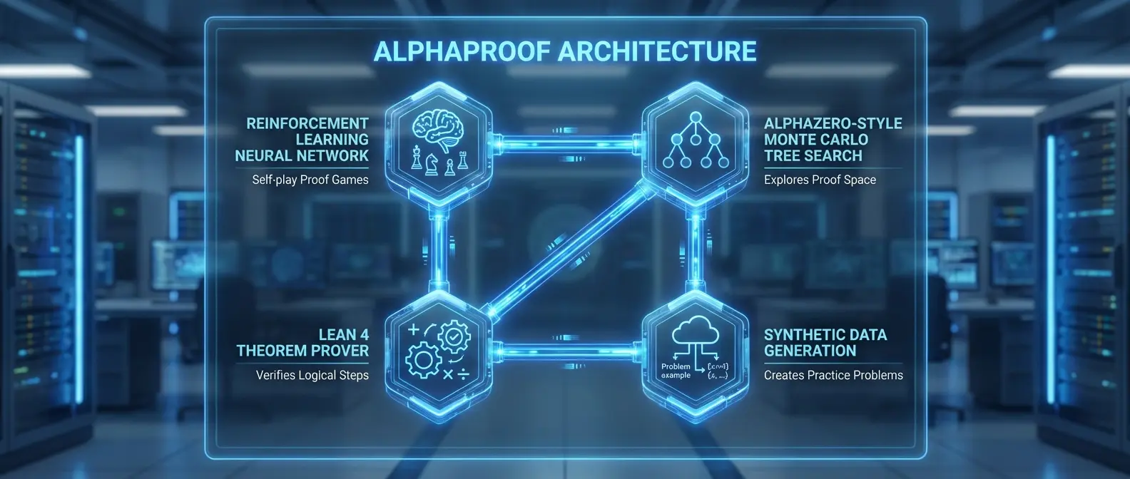 Technical architecture diagram of AlphaProof AI system showing neural networks and proof verification