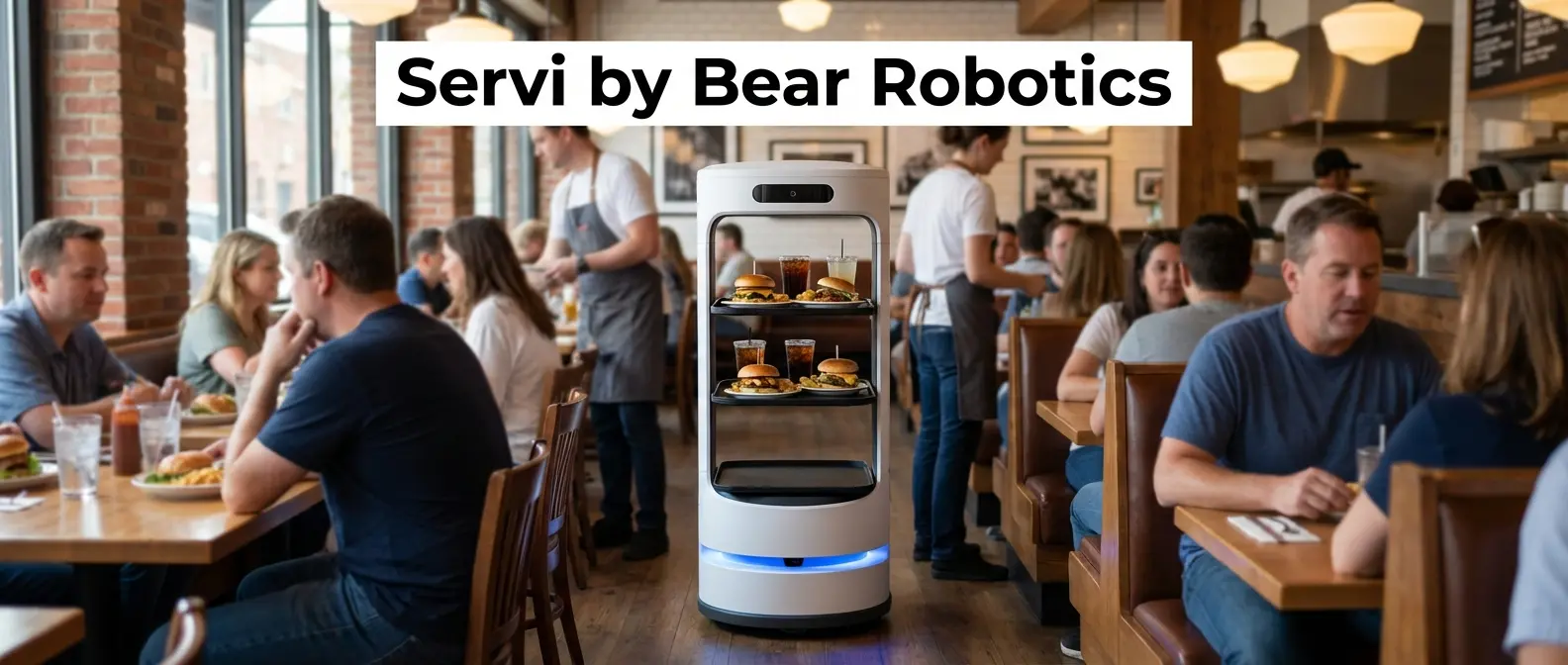 HolaBot dual-purpose robot waiter with serving trays and advertising display screen