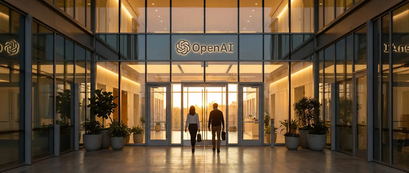 OpenAI headquarters entrance with returning employees walking through glass doors