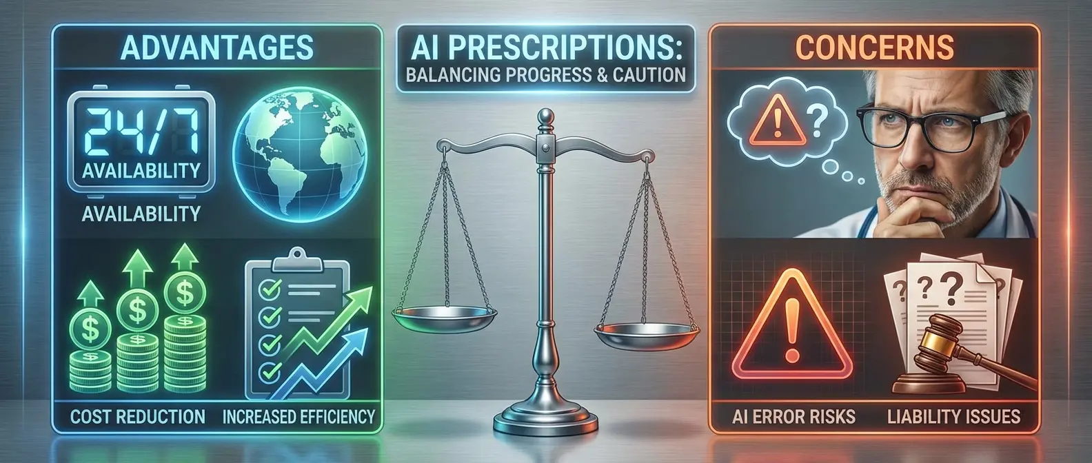 Split comparison showing AI prescription benefits like 24/7 availability versus human oversight concerns