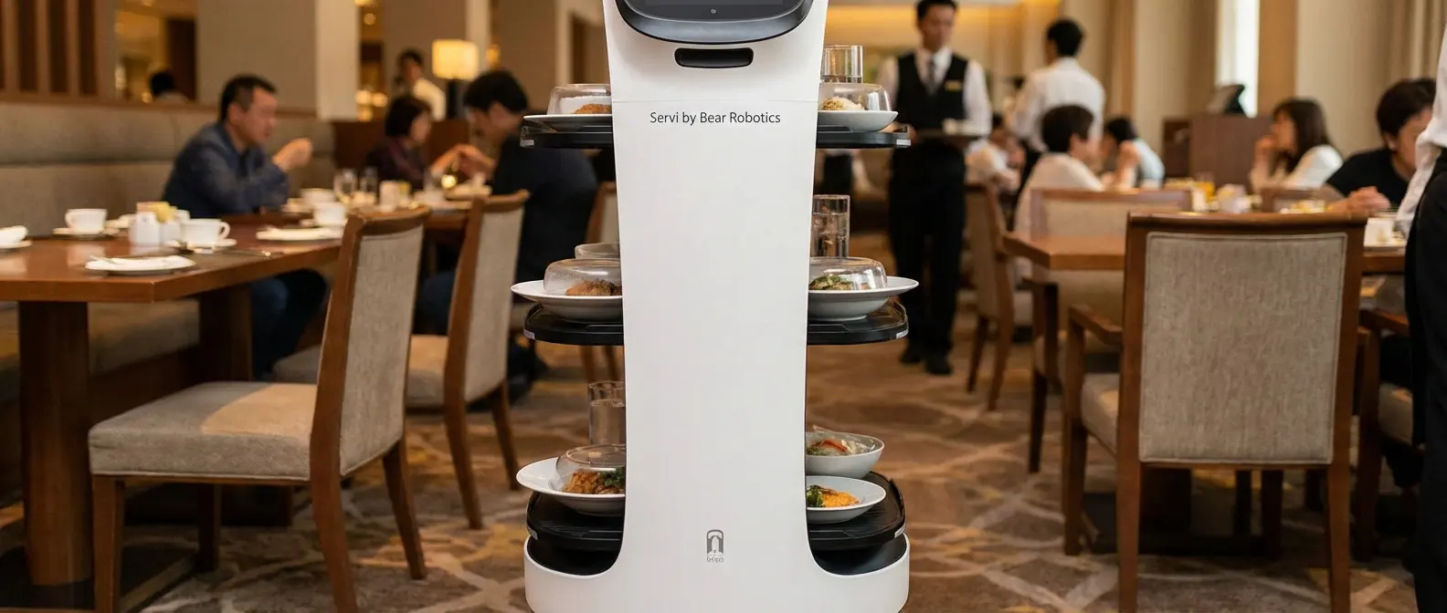 Servi multi-tray service robot by Bear Robotics delivering room service orders