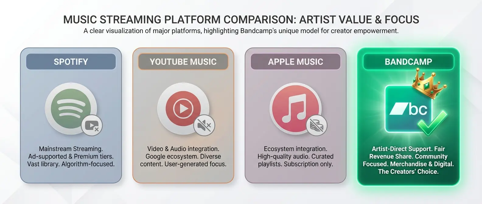 Platform comparison chart showing Bandcamp's AI ban versus Spotify, YouTube, Apple Music policies