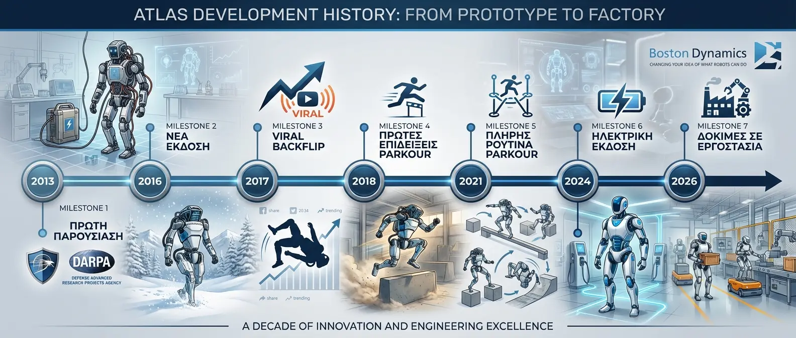 Timeline infographic showing Atlas development milestones from 2013 prototype to 2026 commercial deployment