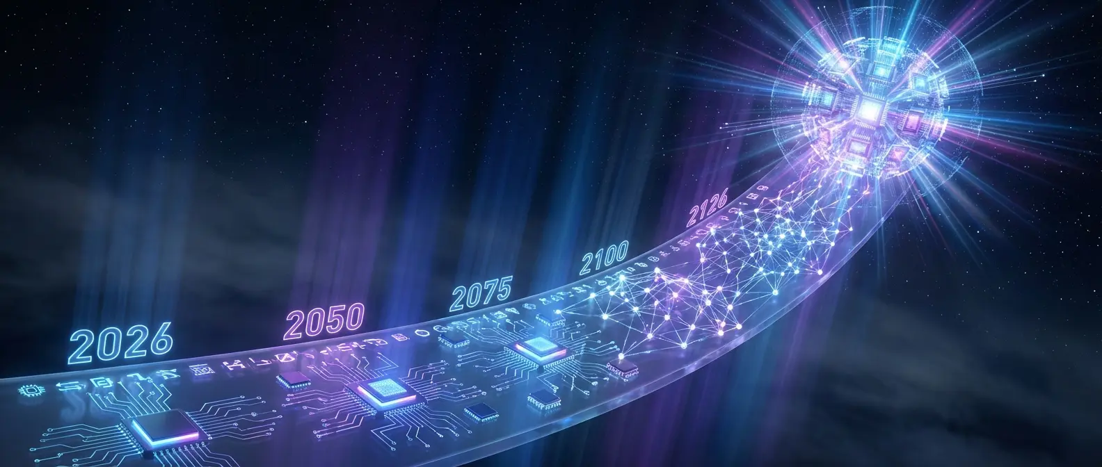 Timeline showing exponential AI evolution from 2026 to 2126 with breakthrough milestones