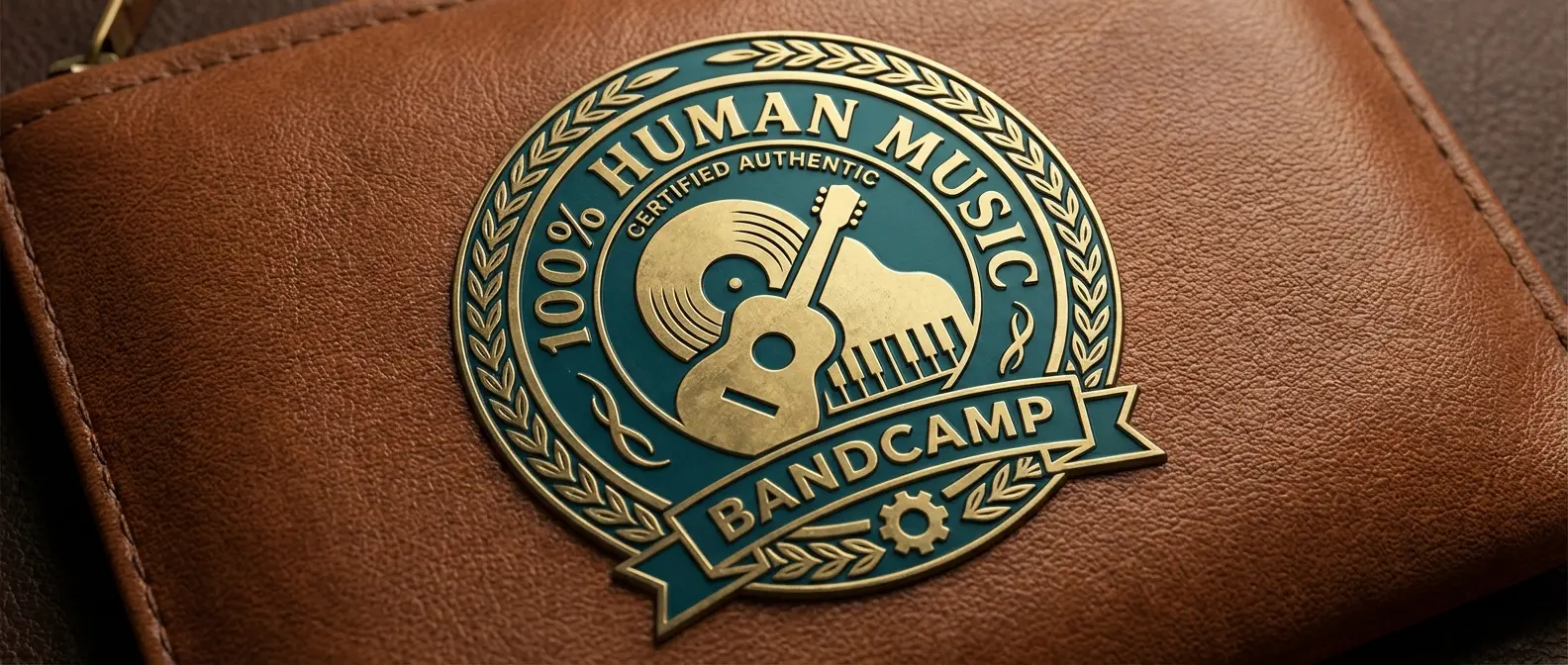 Premium certification badge reading '100% HUMAN MUSIC' with golden verification checkmark
