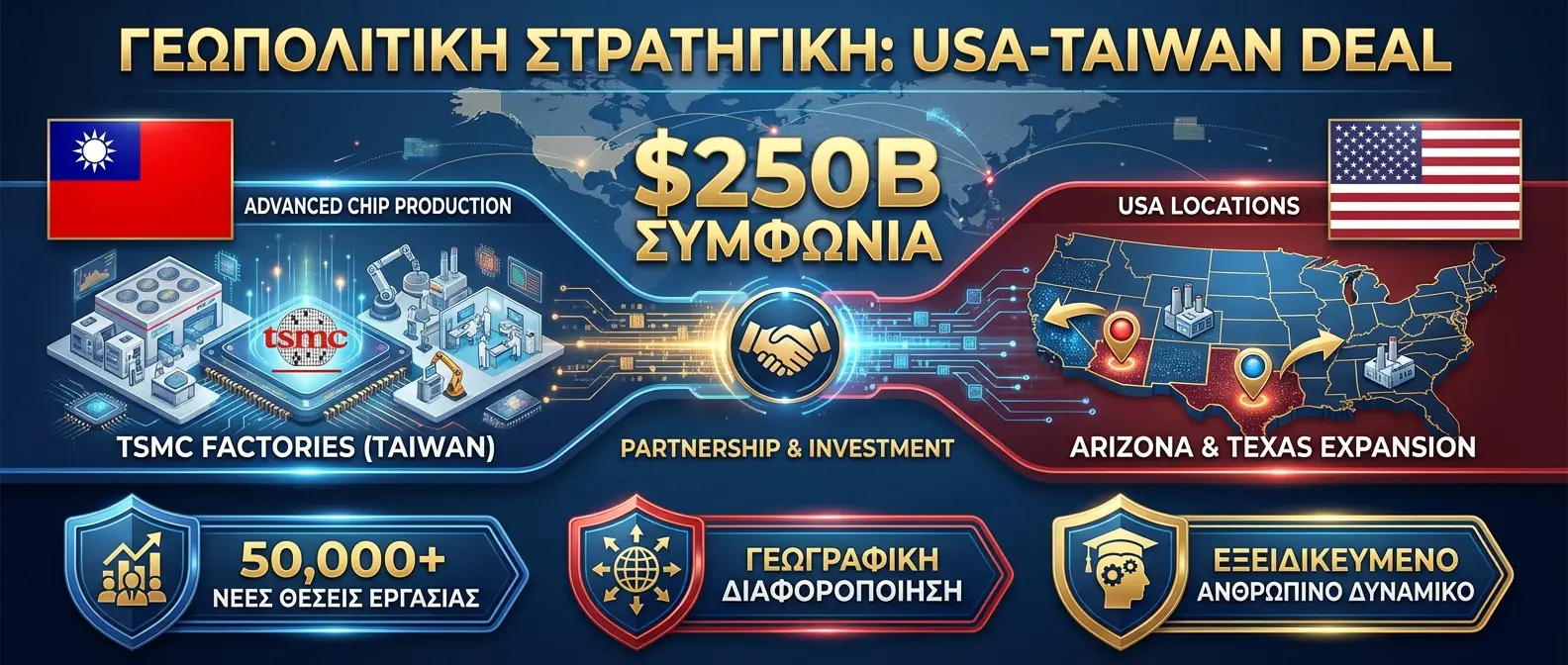 Χάρτης γεωπολιτικής στρατηγικής TSMC μεταξύ ΗΠΑ και Ταϊβάν για AI supremacy