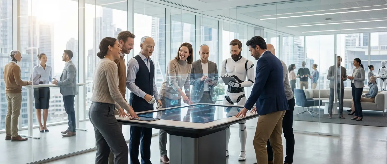 Collaborative humanoid robots working seamlessly with human colleagues in futuristic office