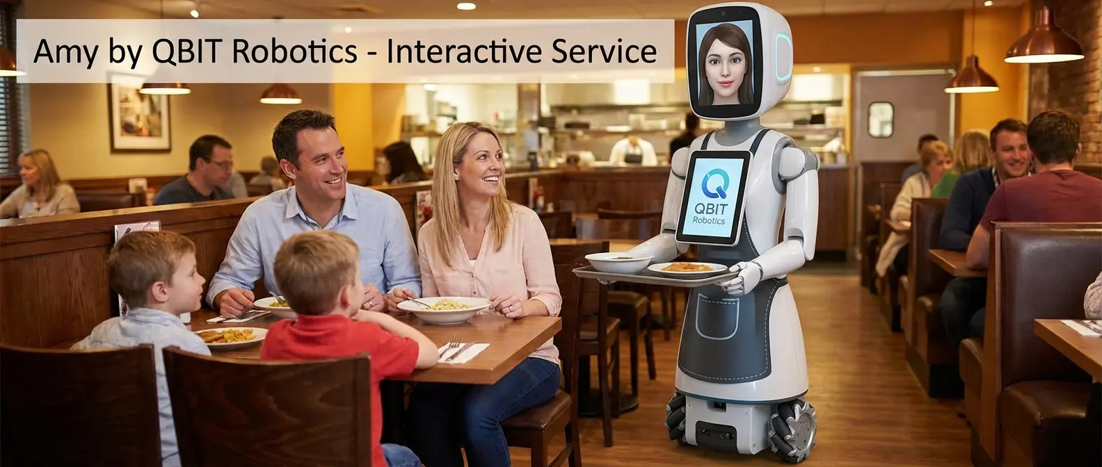 Keenon T5 robot with protective dome and Amy humanoid robot waiter designs