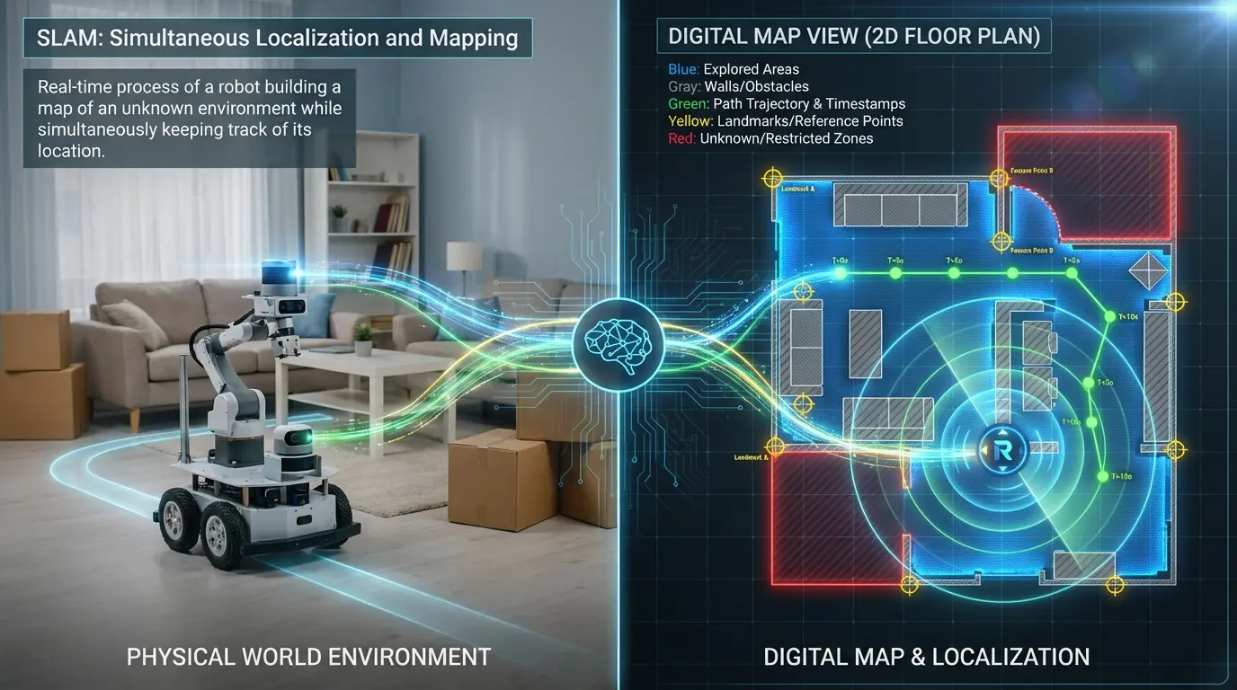 SLAM algorithm visualization showing simultaneous localization and mapping in split-screen infographic
