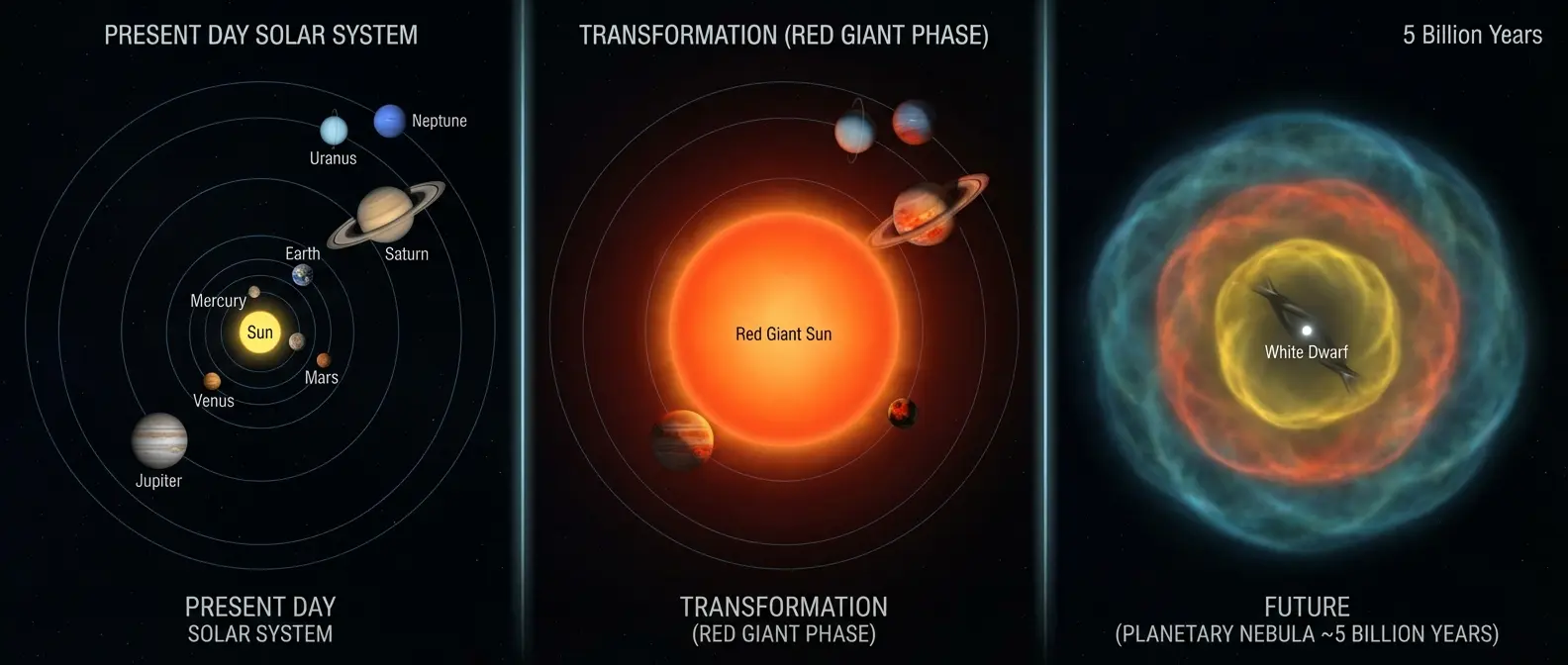 Future prediction showing Sun's evolution into planetary nebula in 5 billion years