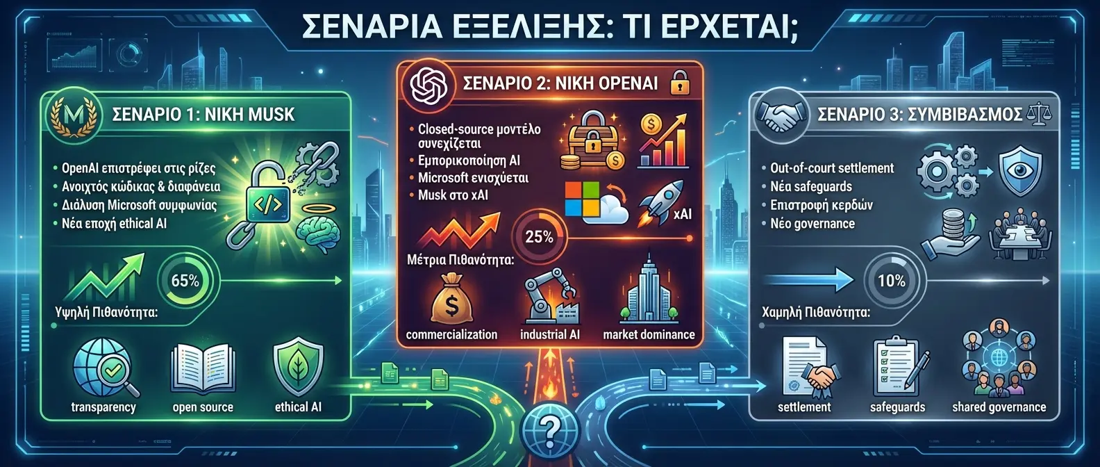 Future scenarios flowchart showing potential AI industry outcomes