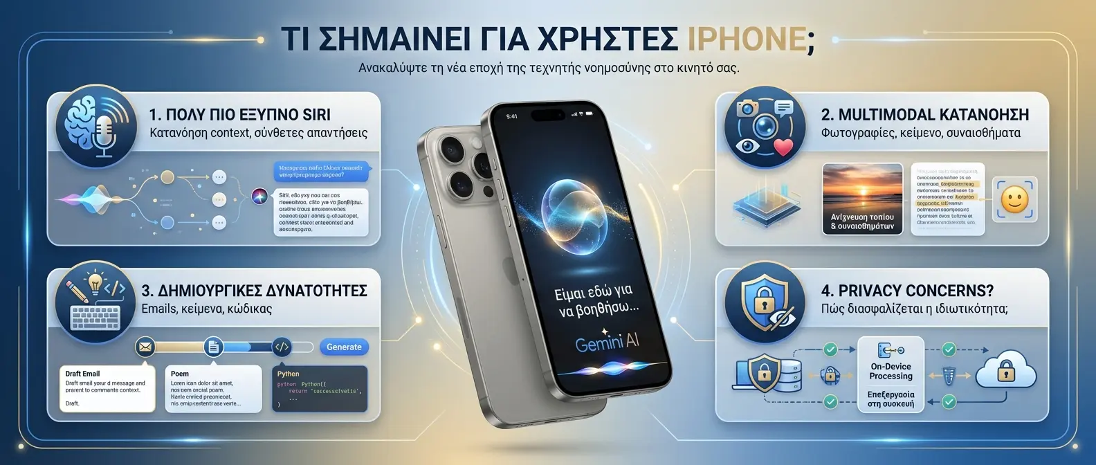 iPhone interface mockup showcasing new Gemini-powered Siri features and capabilities