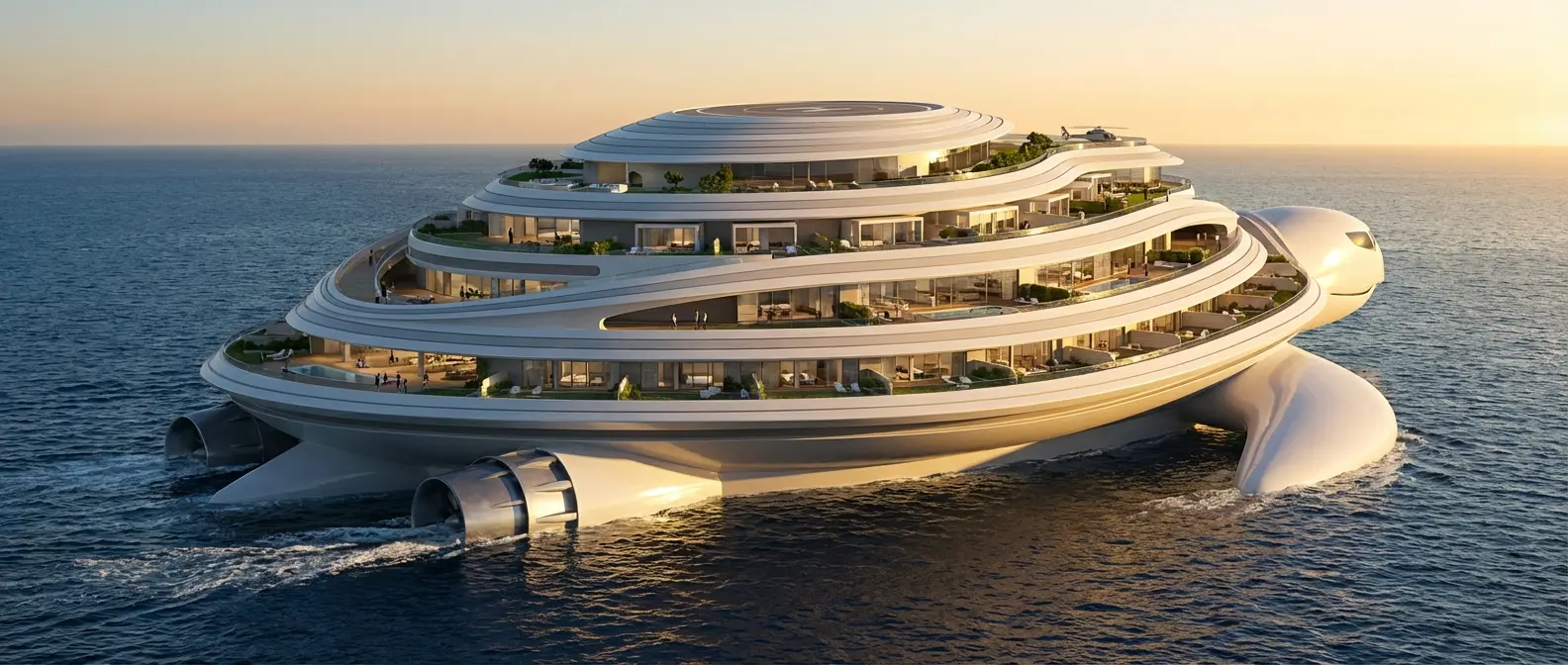 Side perspective of Pangeos Terayacht displaying luxury villas, helipad and turtle shell architecture