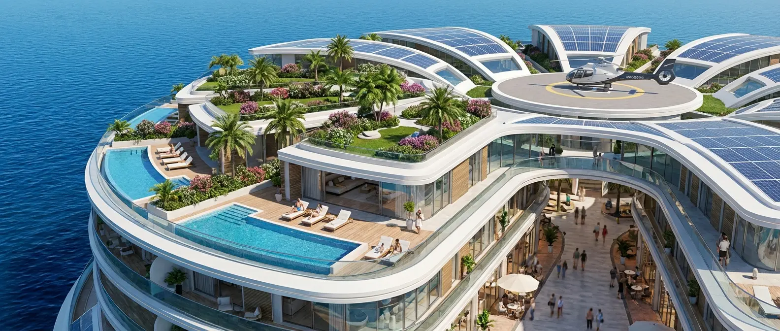 Upper deck detail of Pangeos showing residential villas, swimming pools and recreational facilities