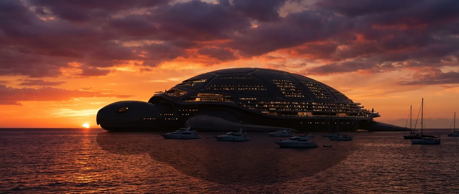 Pangeos Terayacht illuminated at sunset showcasing the floating city's lighting systems and scale