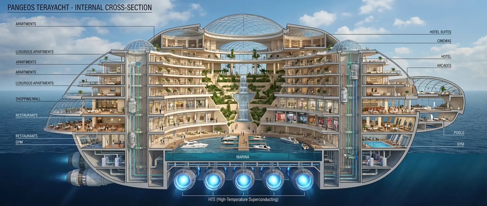 Cross-section diagram of Pangeos Terayacht revealing multiple decks, engine rooms and internal structure