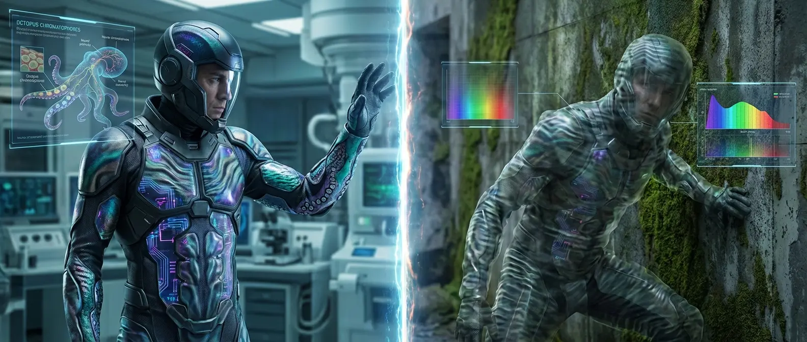 Revolutionary octopus-inspired cloaking technology showing adaptive camouflage material that changes color and pattern in real-time