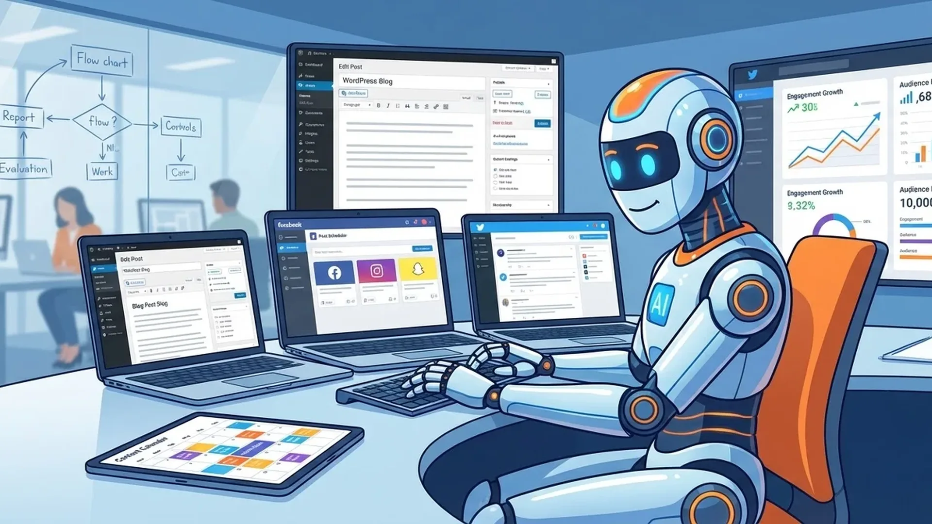 AI-powered content marketing dashboard showing automated campaign metrics and GPT-4 text generation