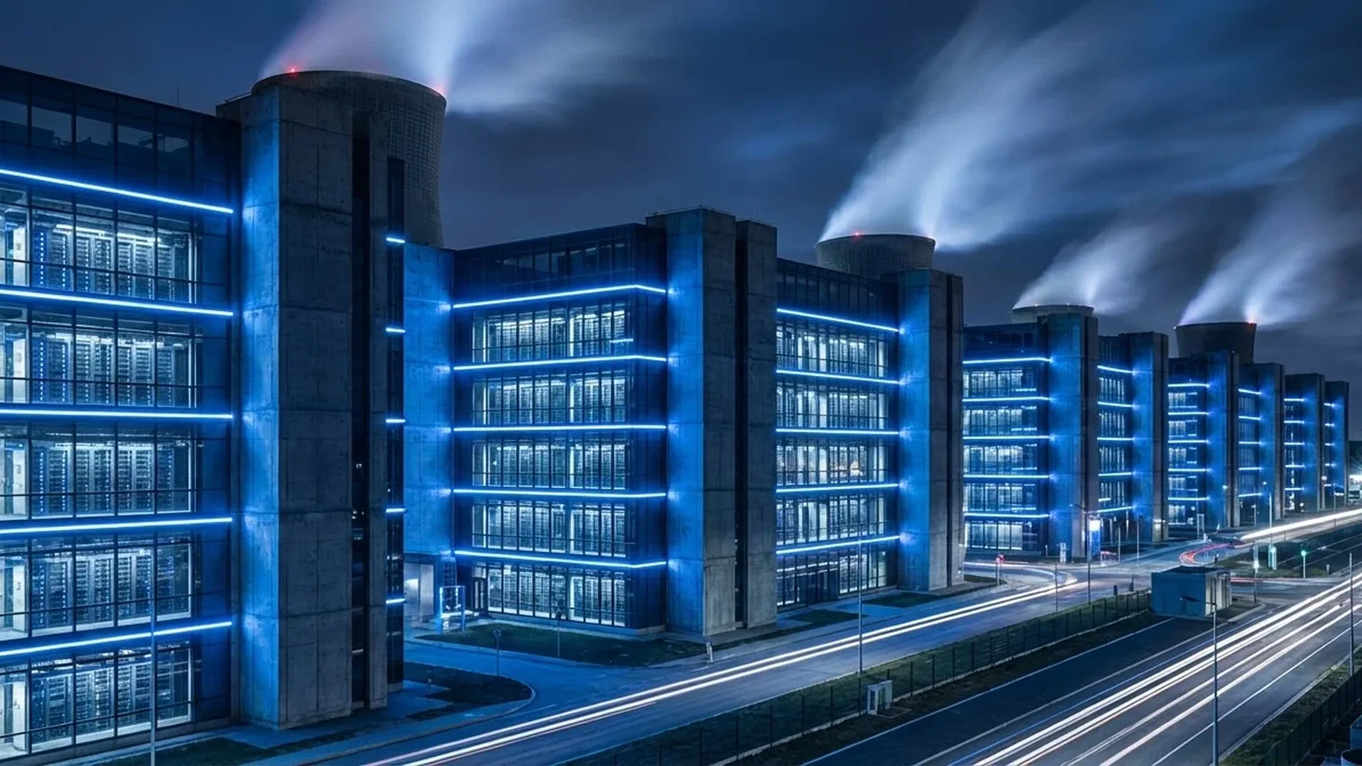 Massive AI data center facility with rows of GPU servers and cooling systems in 2026