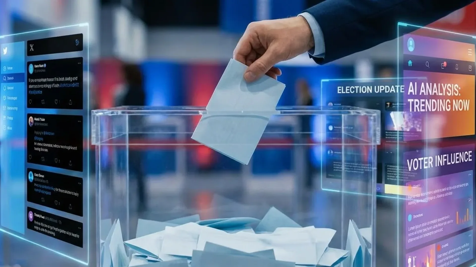 AI-generated deepfake politician speaking at podium with digital glitch effects