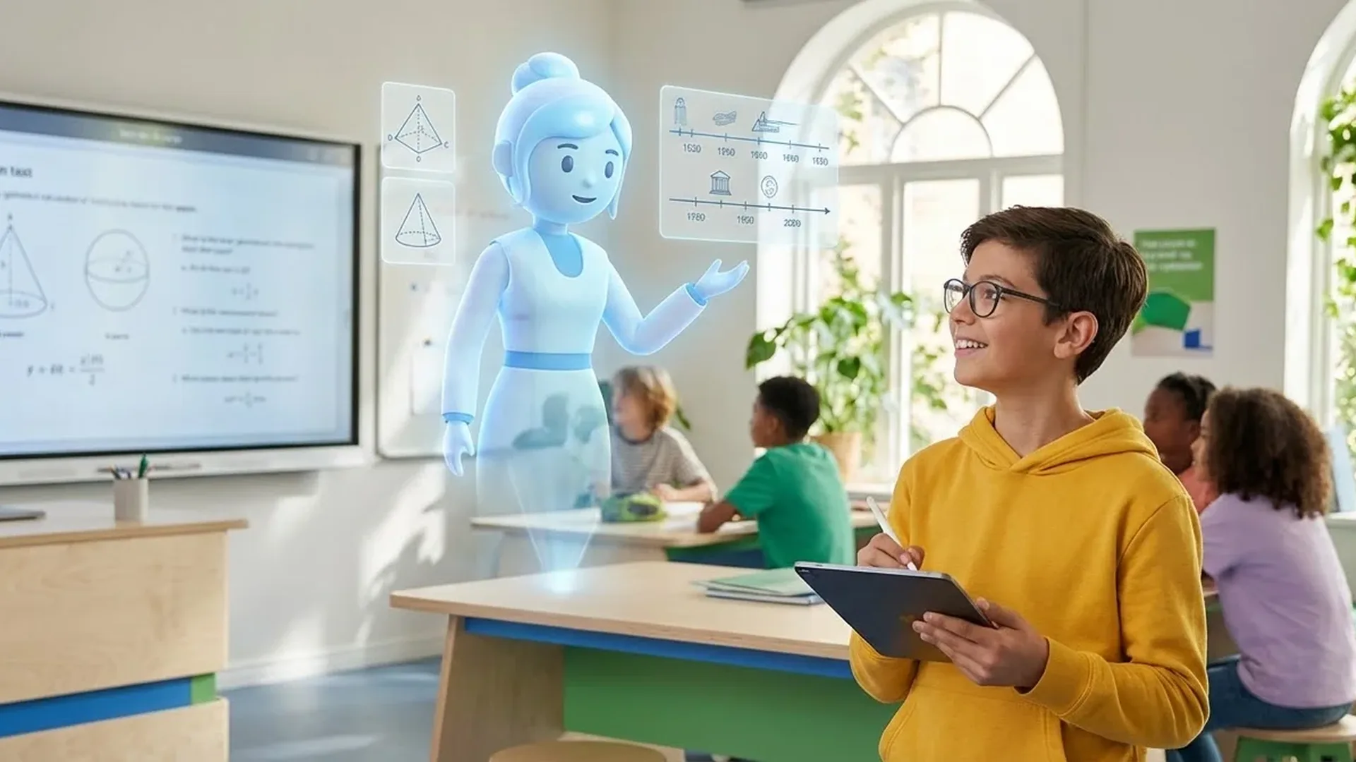 AI tutoring system helping students learn with personalized lessons and real-time feedback in modern classroom