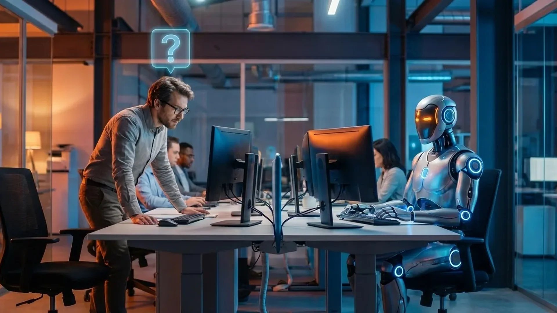 AI robot and human worker comparison showing employment displacement across 15 professions at risk from artificial intelligence automation