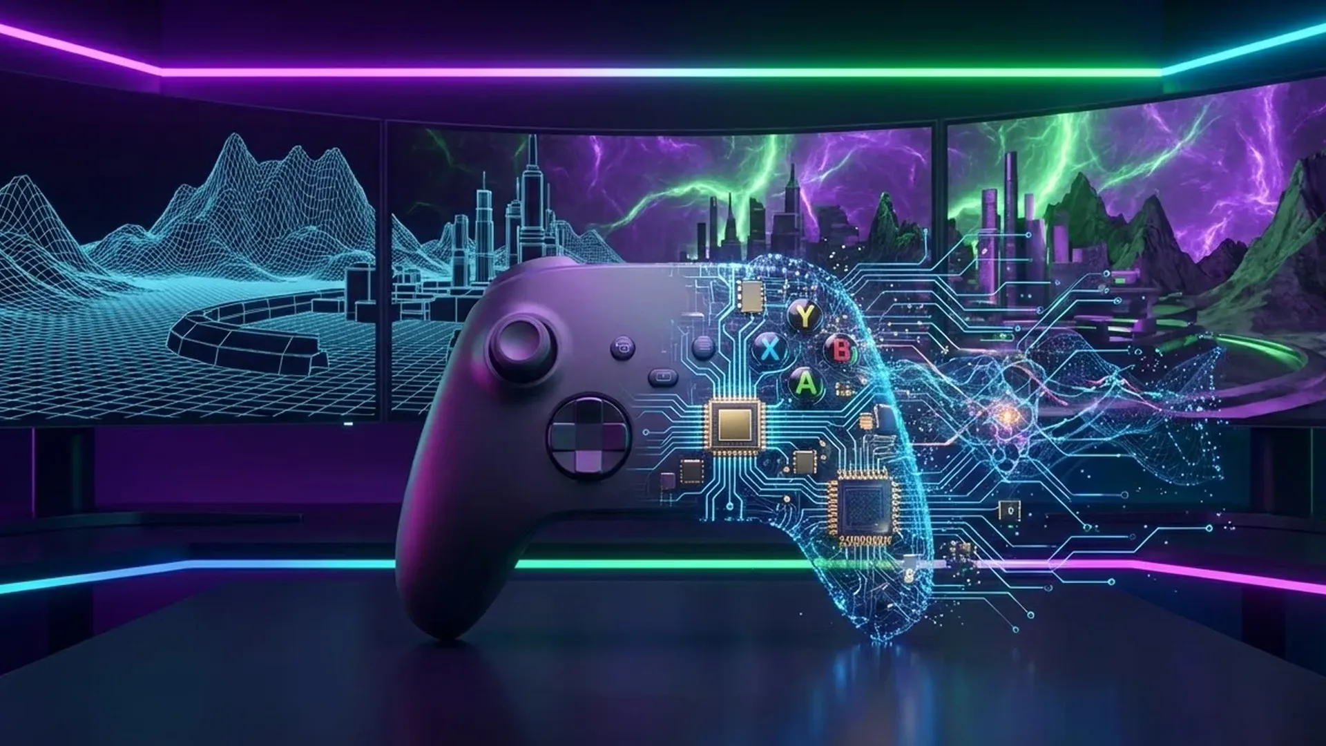 AI gaming νέας γενιάς με έξυπνους NPCs και procedural generation κόσμων σε futuristic περιβάλλον