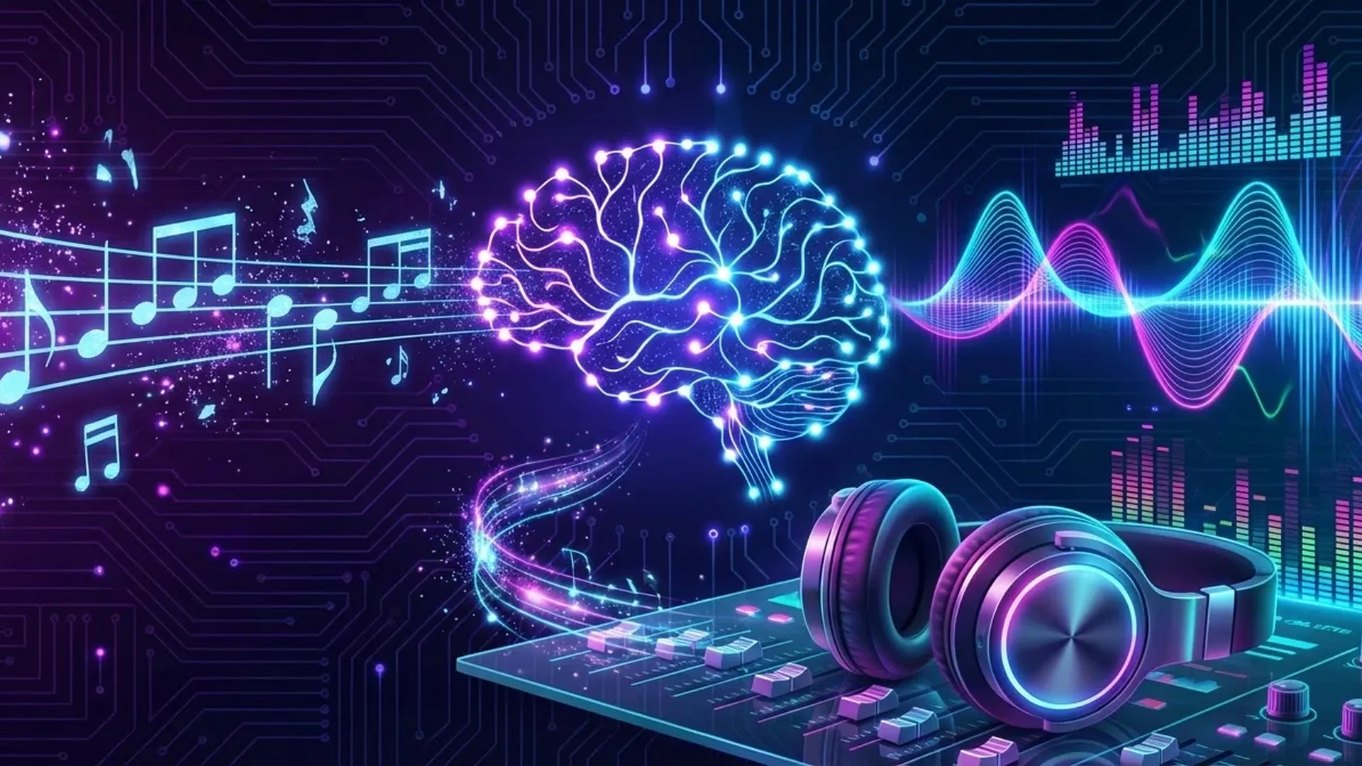AI music production interface showing Suno and Udio platforms side by side with generated waveforms and music controls