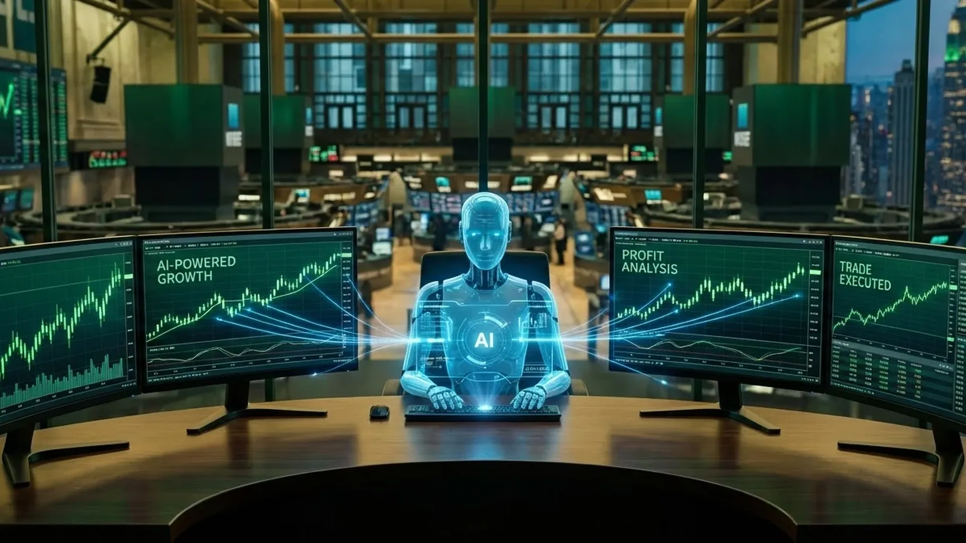 AI trading algorithms analyzing real-time stock market data on multiple screens