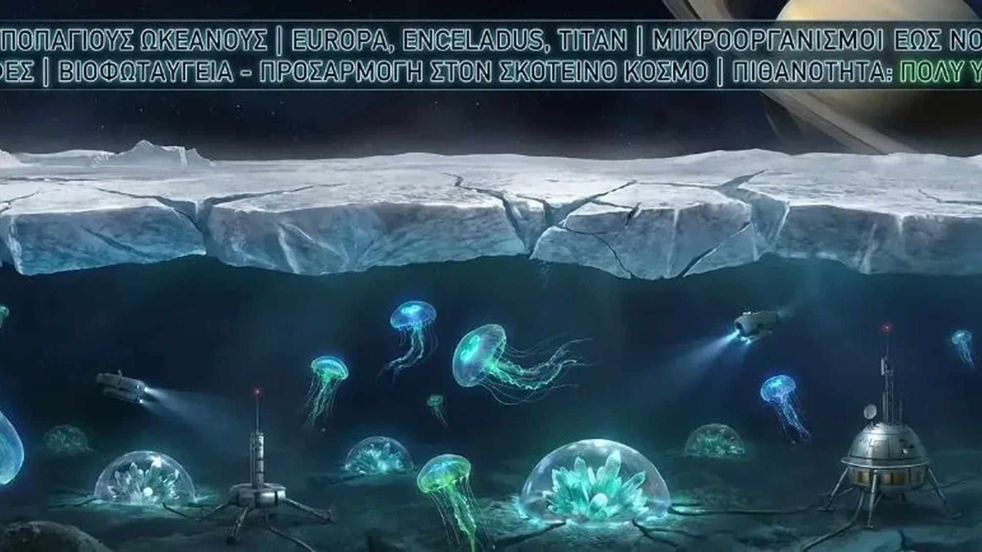 Cross-section diagram of subsurface oceans on icy moons like Europa and Enceladus