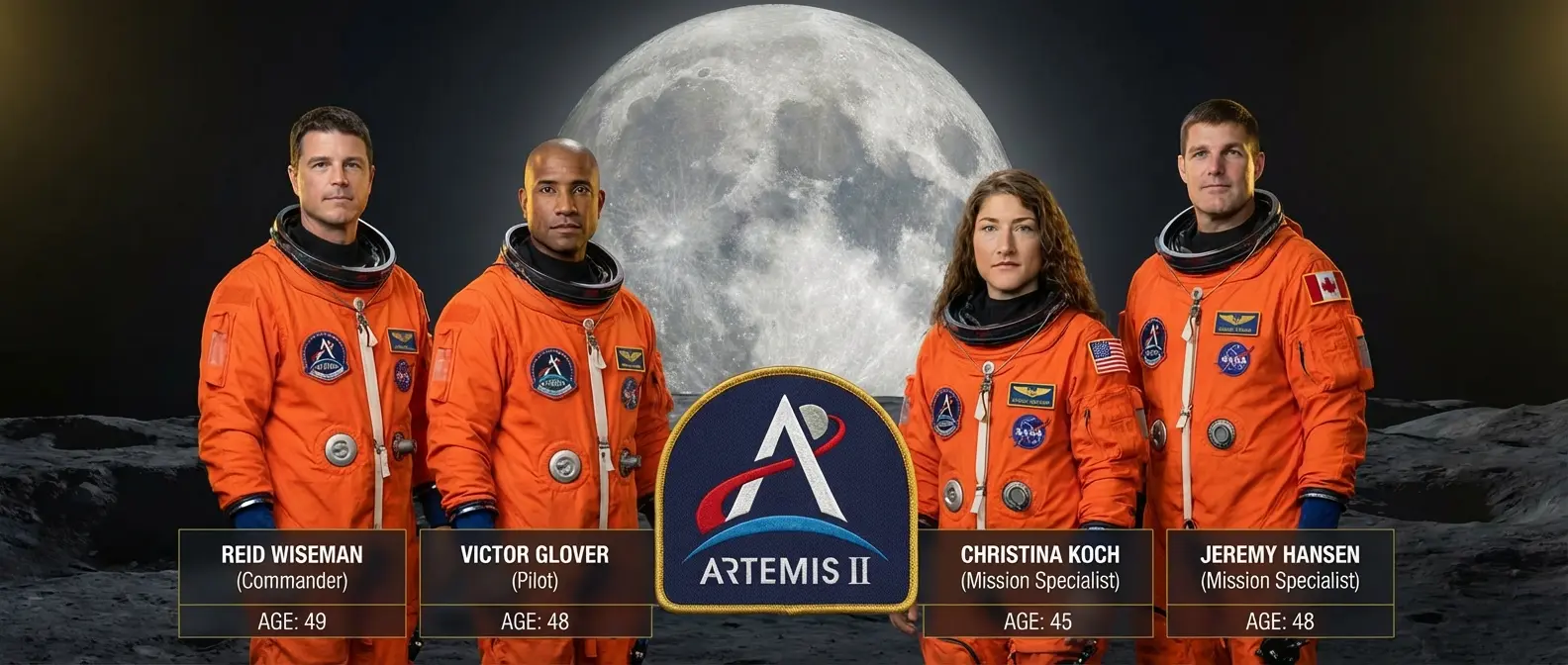 Artemis II crew of four: Commander Reid Wiseman, Pilot Victor Glover, Mission Specialists Christina Koch and Jeremy Hansen