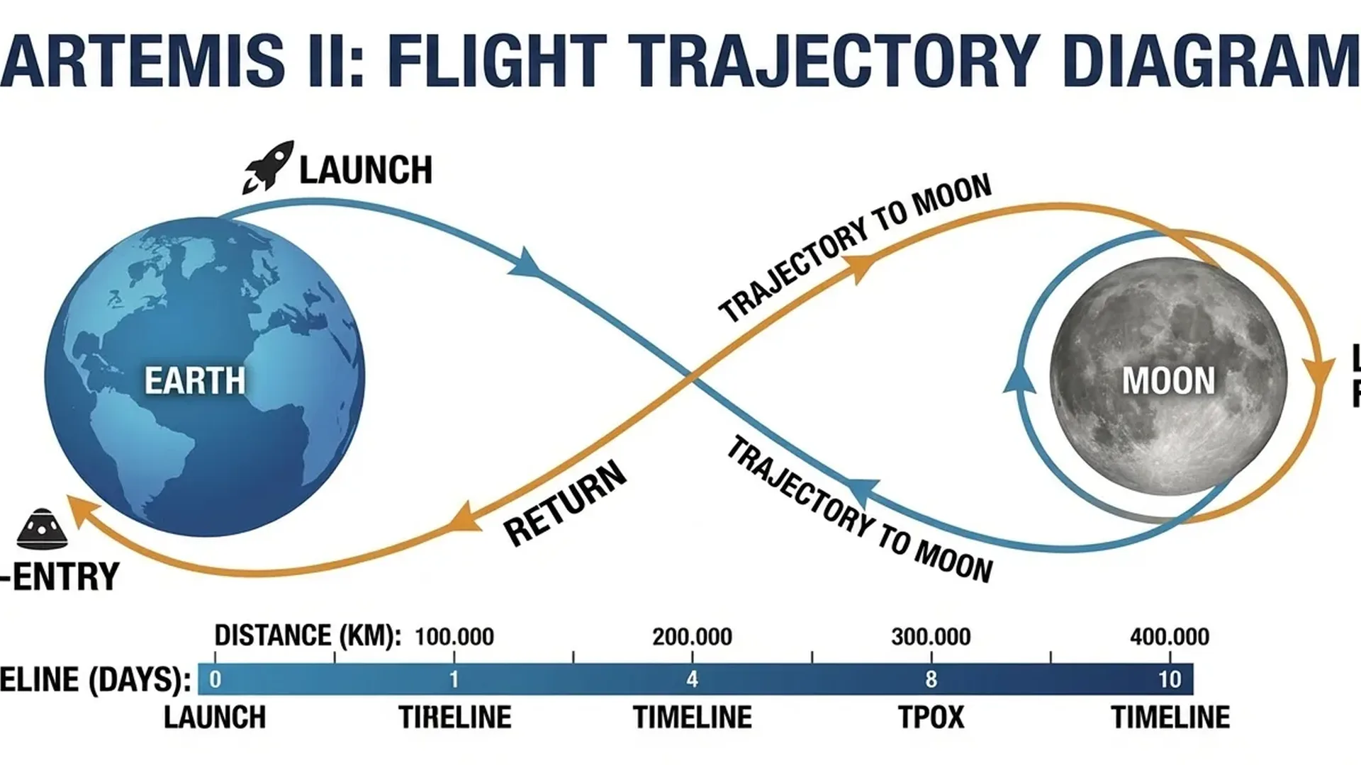 Artemis II lunar flyby trajectory diagram showing Earth departure and Moon orbit