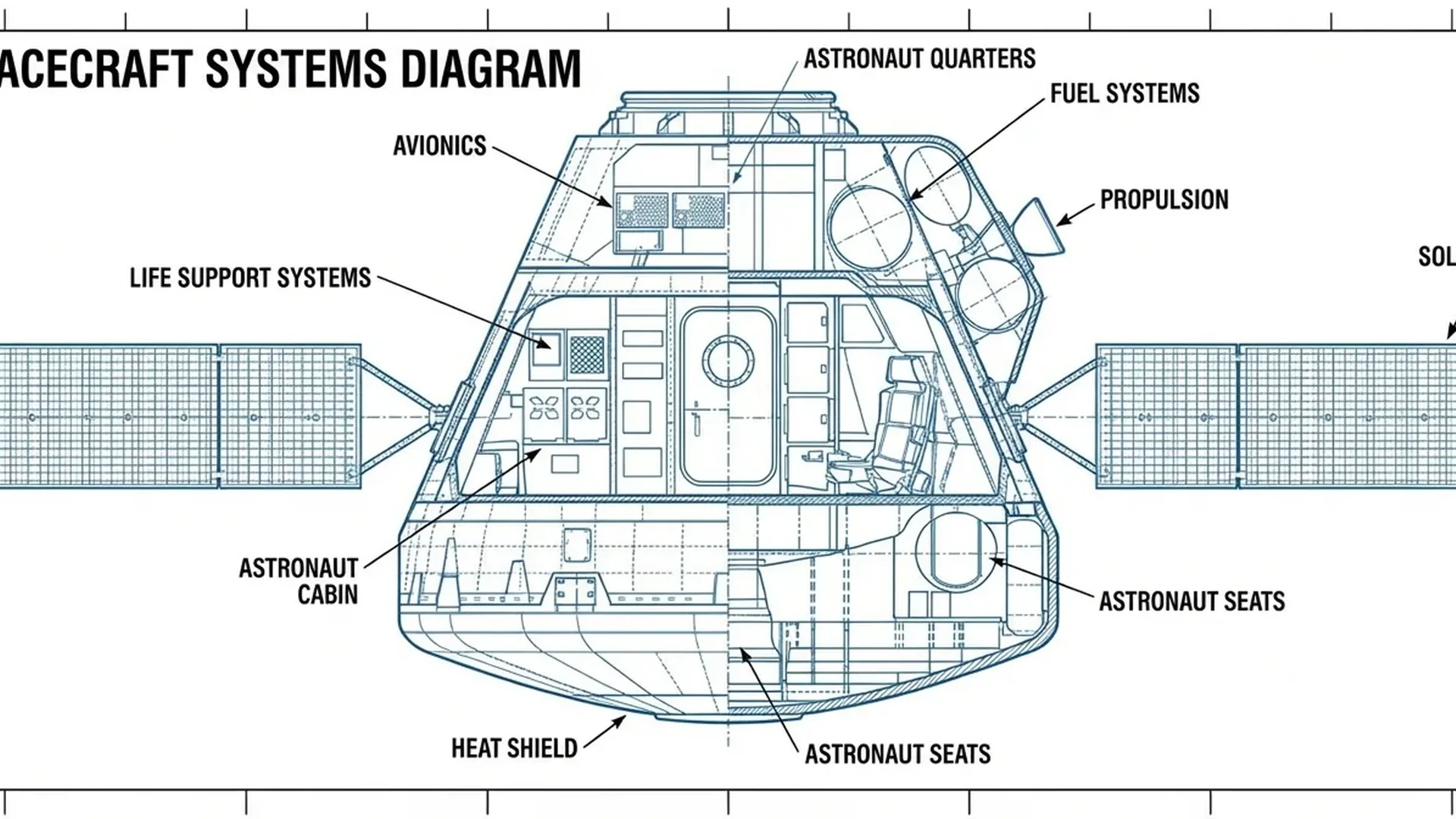 Technical diagram showing Orion spacecraft's life support and navigation systems